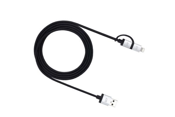 JustMobile AluCable Duo, 1,5 m, USB A, Micro-USB B/Lightning, Hankjønn/hankjønn, Aluminium, Sort