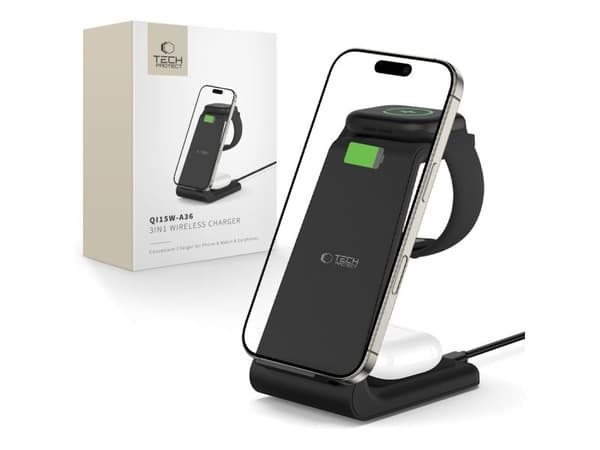 TECH-PROTECT QI15W-A36 3-i-1 trådlader for Apple, sort