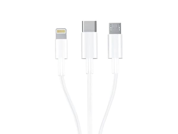 3mk-kabel 3-i-1 USB-A – micro-USB / Lightning / USB-C 1,2 m 20 V/2,4 A 15 W – vit