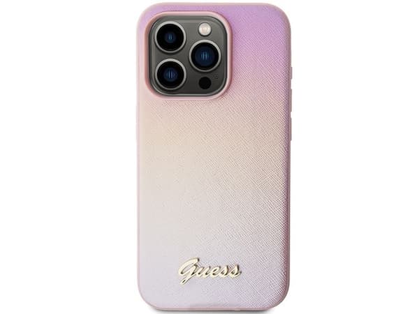 Guess Saffiano iriserande script-skal till iPhone 14 Pro Max - rosa