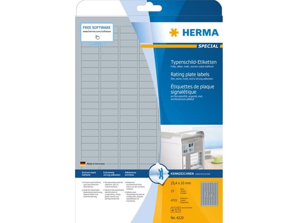 HERMA 4220, Hopea, Pyöristetty suorakulmio, Kiinteä, A4, Polyesteri, Matta