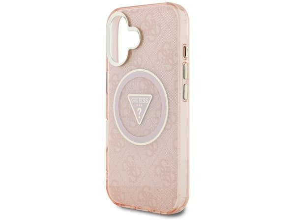 Guess IML Metal Glitter 4G Circle Triangle MagSafe-deksel til iPhone 16 - rosa
