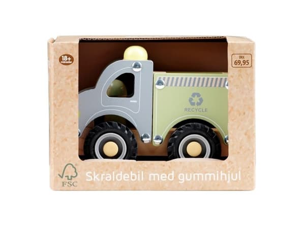 Roska-auto kumipyörillä puusta