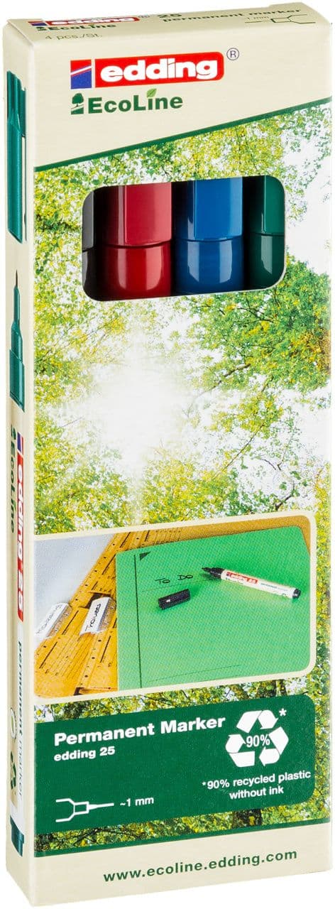 Permanent markerare, Edding 25 Ecoline, assorterade färger, 4-pack