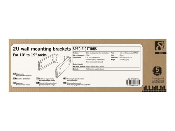 DELTACO 19-DTSR0702 - Rackfästen - väggmontering - svart - 2U - 10"/19"