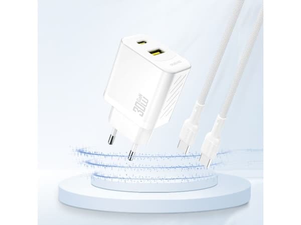 Dudao vegglader USB-A + USB-C GaN PD 30W - hvit