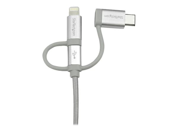 StarTech USB Multi Charging Cable - 3.3 ft / 1m - Lightning / USB-C / Micro-USB - Braided - MFi Certified - USB 2.0 - 3 in 1 Charging (LTCUB1MGR) -...