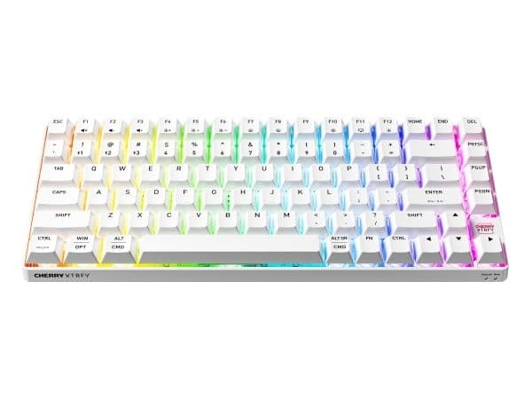 CHERRY XTRFY K33 Compact Wireless, Trådlös, USB + RF Wireless + Bluetooth, Mem-chanical key switch, QWERTY, RGB LED, Vit