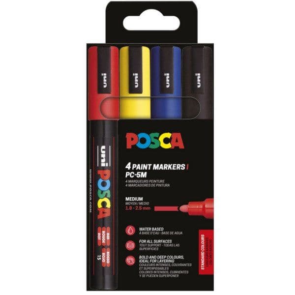 Malingstusj POSCA PC-5M - med 4 stk. basisfarger