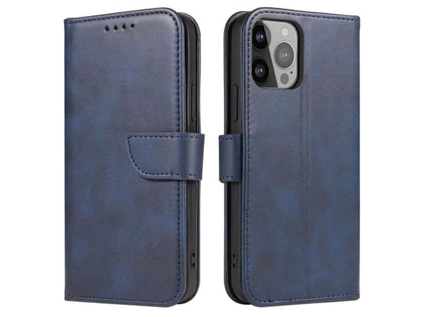 Hurtel magnetdeksel med elegant klaff og stativfunksjon for iPhone 14 Max, blå