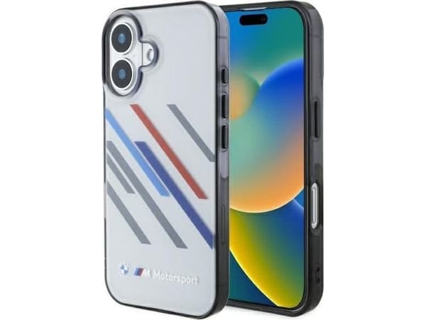BMW Motosport IML iPhone 16 Plus-deksel med tilfeldige striper - grå