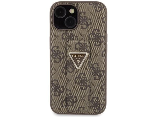 Guess Grip Stand 4G Triangle Strass-deksel for iPhone 15 - brun