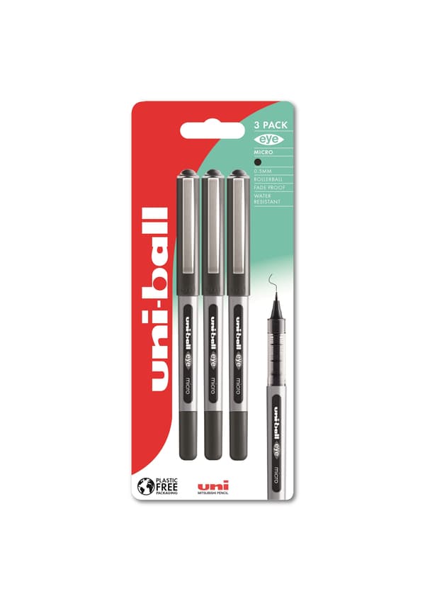 Uni-ball eye 150, 3 st svarta kulspetspennor, linjebredd 0,2 mm, micro