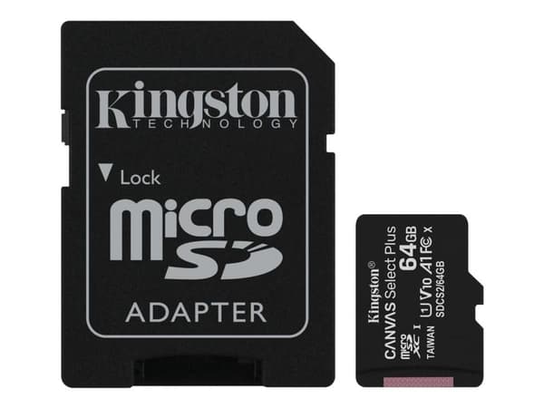 Kingston Canvas Select Plus - Flashminnekort (microSDXC til SD-adapter inkludert) - 64 GB - A1 / Video Class V10 / UHS Class 1 / Class10 - microSDX...