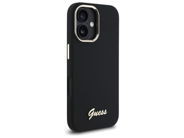 Guess silikon Script metall-logotyp & ramskal till iPhone 16 - svart