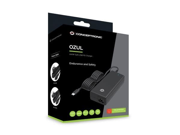 Conceptronic - Strømadapter - GaN, with built-in USB-C cable, PPS, PD 3.0 - AC 100-240 V - 100 watt - Storbritannia - grå