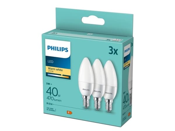 Philips Mignon, 40 W, B35, E14 x 3, 4,9 W, 40 W, E14, 470 lm, 15000 timer, Varm hvit