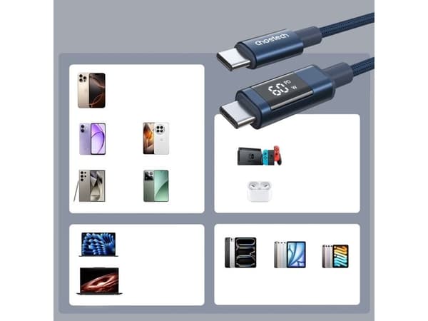 Choetech PD60W USB-C til USB-C-kabel med digitalt display 1,2 m nylon – blå