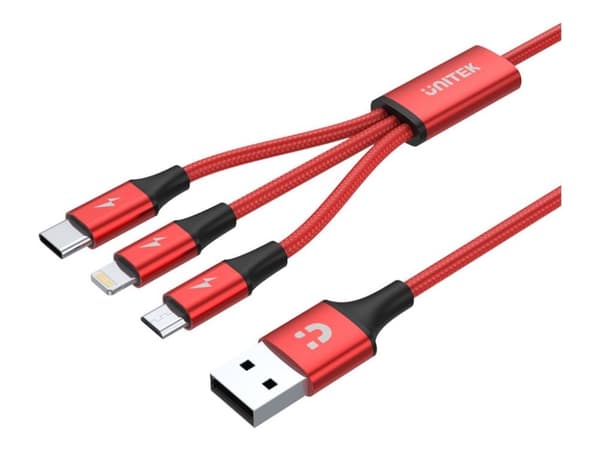 UNITEK C4049RD, 1,2 m, USB A, USB C/Micro-USB B/Lightning, Punainen