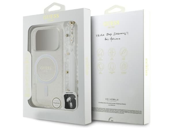 Guess IML Glitter Pearl Strap MagSafe-etui til iPhone 17 Pro - transparent