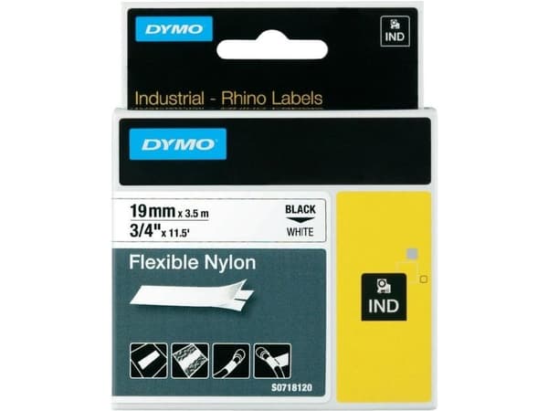 Dymo Rhino nylon tape, sort/hvid, 19 mm