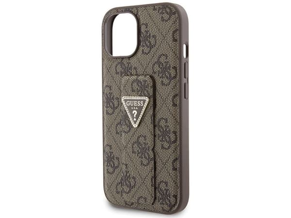 Guess Grip Stand 4G Triangle Strass-deksel for iPhone 15 - brun