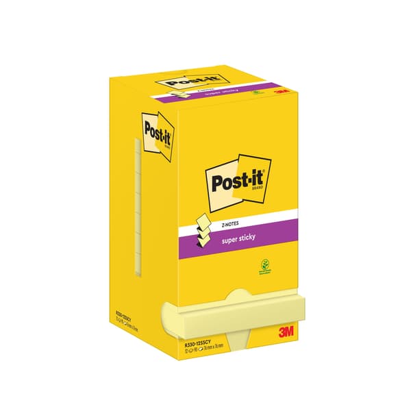 Sticky notes, Post-it Super Sticky Z-Notes, 90 ark, gul, förpackning med 12 st