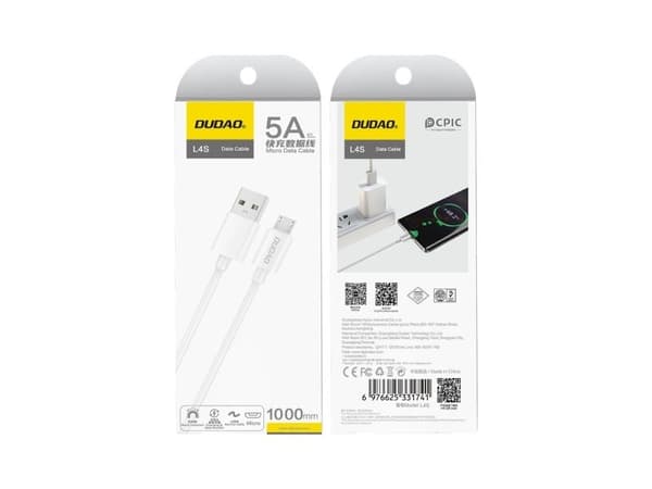 USB til microUSB-kabel Dudao USB-A til microUSB 1 m hvit (6976625331741)