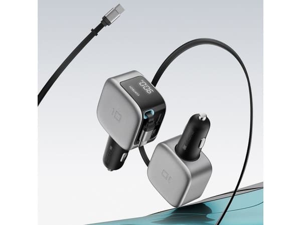 Cuktech CC903P 100W Car Charger with Display and 70cm Retractable USB-C Cable - Gray