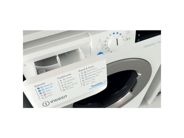 Indesit BDE 76435 WSV EE, Frontmatet, Frittstående, Hvit, Venstre, Sølv, Knapper, Rotasjon