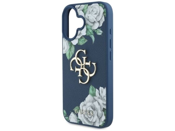 Original Guess-dekal Grained Roses Big 4G för Apple iPhone 16, blå
