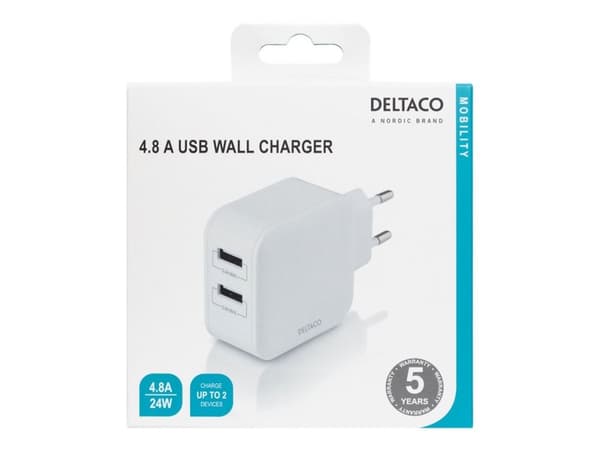 DELTACO - Strömadapter - 24 Watt - 4.8 A - 2 utdatakontakter (USB) - vit