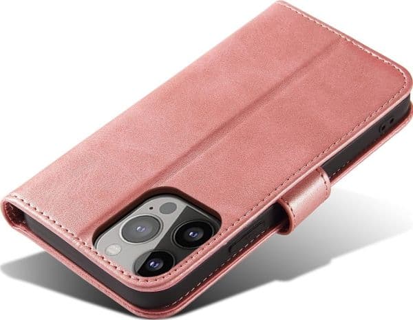 Magnetfodral i elegant bokhyllestil med ställ för iPhone 13 Pro - rosa