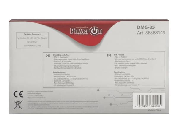 Inter-Tech DMG-35, Sisäinen, Langaton, PCI Express, WLAN / Bluetooth, 3000 Mbit/s, Musta, Hopea