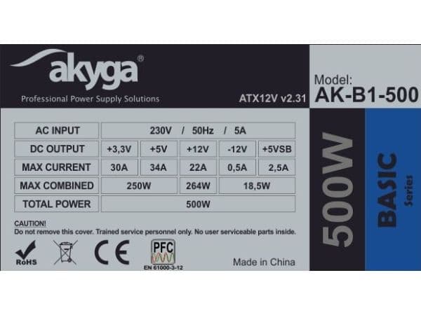 Akyga Basic Series AK-B1-500 - Strømforsyning (intern) - ATX12V 2.31 - AC 230 V - 500 watt - PFC - grå