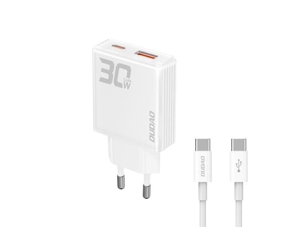 Dudao A30EU Adapter 30Watt GaN 1xUSB-C 1xUSB-A (USB-C USB-C-kaapeli mukana)