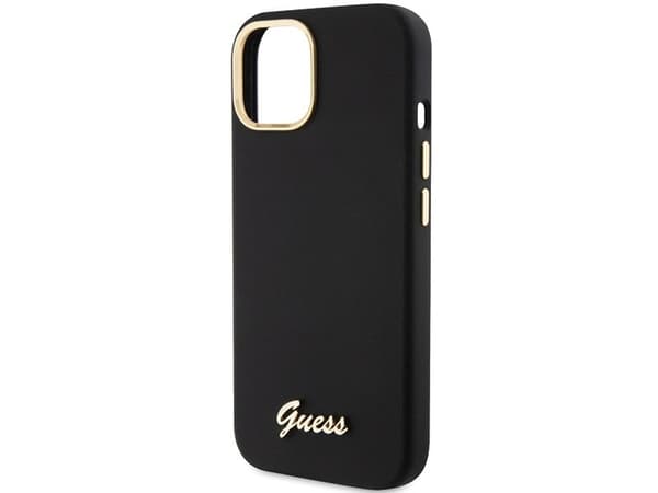 Guess silikon script metalloggo & ramme-deksel til iPhone 15 - svart