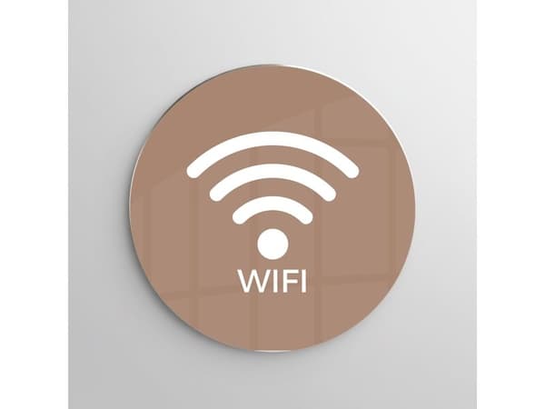 Skylt med WiFi-ikon, Ø 10 cm, aluminium, caffe latte
