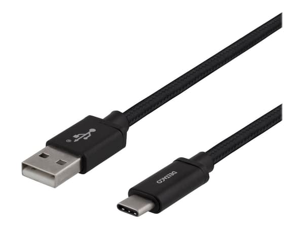 Deltaco USB-A - USB-C-kaapeli, 1m, USB 2.0, punottu, musta, 1 m, USB A, USB C, USB 2.0, Musta