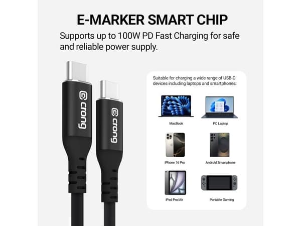 Crong Soft Link - 100W PD 5A USB-C USB-C 200cm kaapeli (musta)