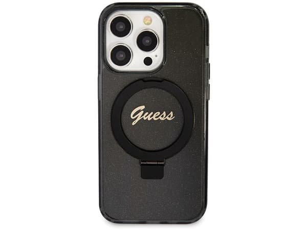 Guess Ring Stand Script Glitter MagSafe-skal för iPhone 13 Pro / 13 - Svart