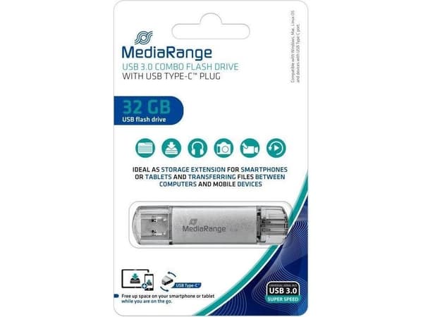 MediaRange MR936 - USB-flashstasjon - 32 GB - USB 3.1 / USB-C - sølv