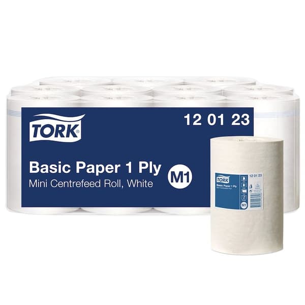 Torkpapper Tork M1 Basic mittmatad 1-lagers vit - (11 rullar per kartong)