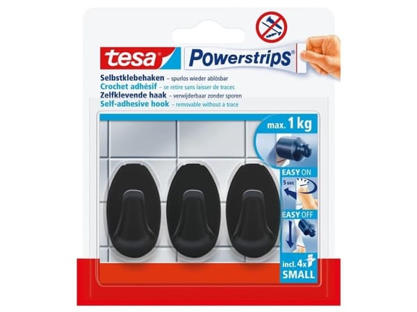 TESA Powerstrips, Sisätila, Yleiskoukku, musta, Polystyreeni (PS), Liimateippi, 1 kg