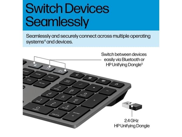HP 720 Multi-Device Rechargeable Wireless Keyboard, Fullstor (100 %), Trådlös, USB + Bluetooth, AZERTY, Svart