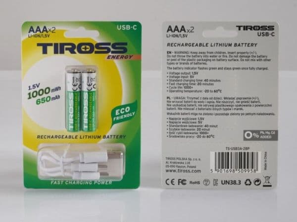TIROSS oppladbart batteri R03 AAA (2 stk)