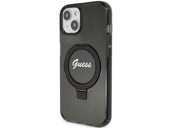 Guess ringstativ script glitter MagSafe-deksel til iPhone 14 / 15 / 13 - svart