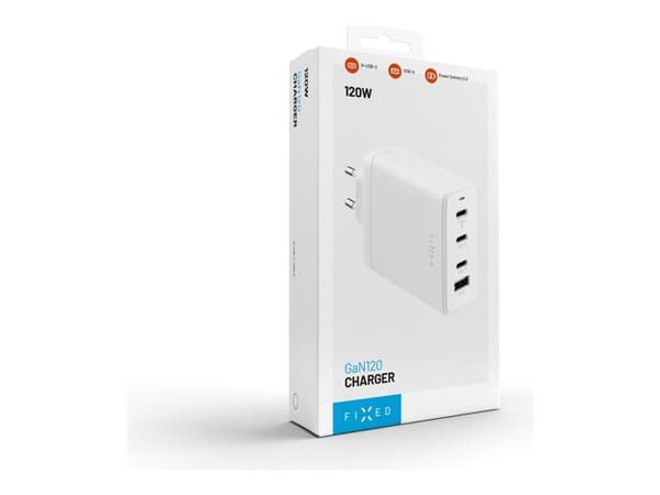 Laddare Fixed GaN FIXED s 3xUSB-C och USB-utgång, PD 3.0-stöd, 120W, vit