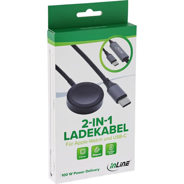 InLine 2-in-1 charging cable for Apple Watch + USB-C, 100 W, USB 2.0, 1.2 m, 1,2 m, USB C, USB 2.0, 0,48 Gbit/s, Musta, Harmaa