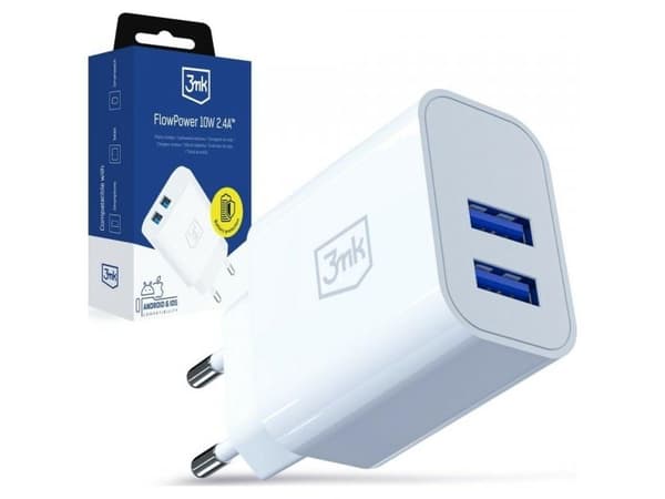3mk FlowPower 10W USB-lader 2,4A/2A hvit